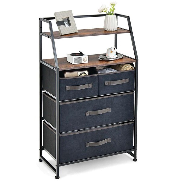 Costway 4 Chest of Drawers Dresser Industrial Large Storage Cabinet w/2-Tier Open Shelves Living Room Brown