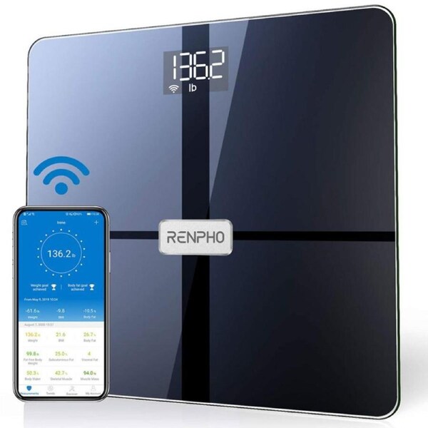 RENPHO SMART WIFI BODY SCALE - ITO GLASS - 13 METRICS - BLE - 3AAA - 11X11X1INCH/28X28X2.5CM - BLACK