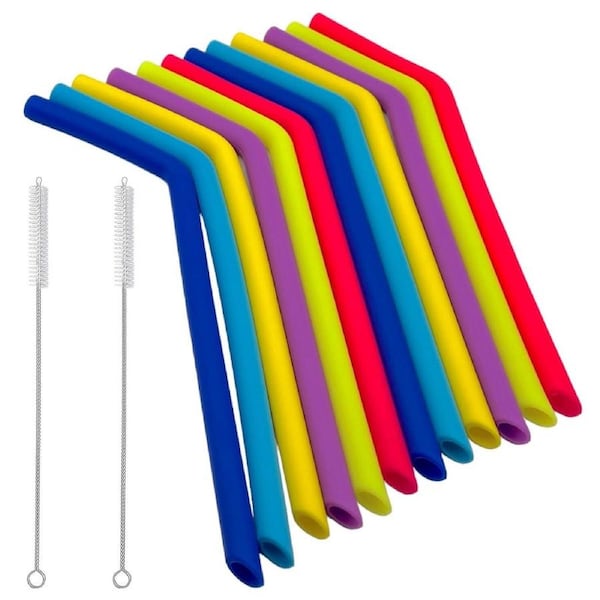 12 Reusable Curved Silicone Straws with 2 Cleaning Brushes Assorted Colours