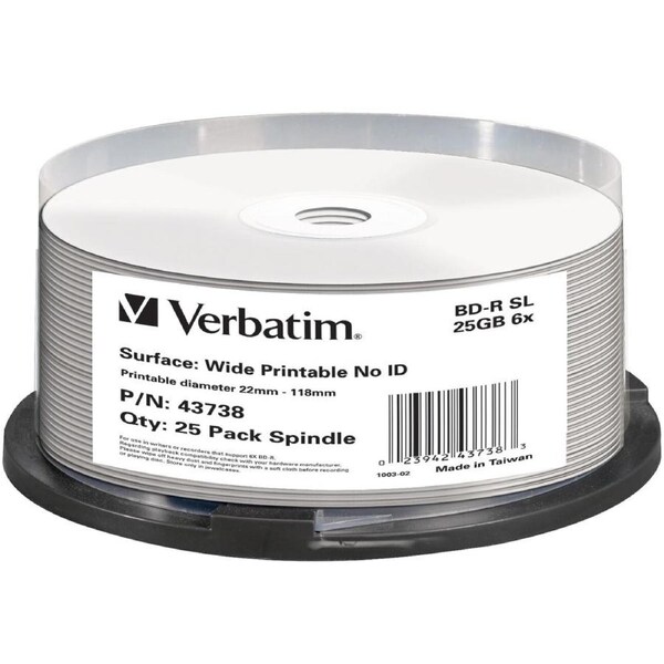 Verbatim 43738 Blu-ray Recordable Media - BD-R - 6x - 25 GB - 25 Pack Spindle - 120mm - Printable - Inkjet Printable