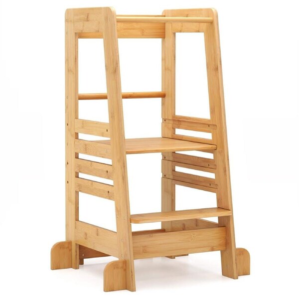 Costway Wood Step Stool Standing Tower w/Rail Adjustable Kitchen Stool Helper