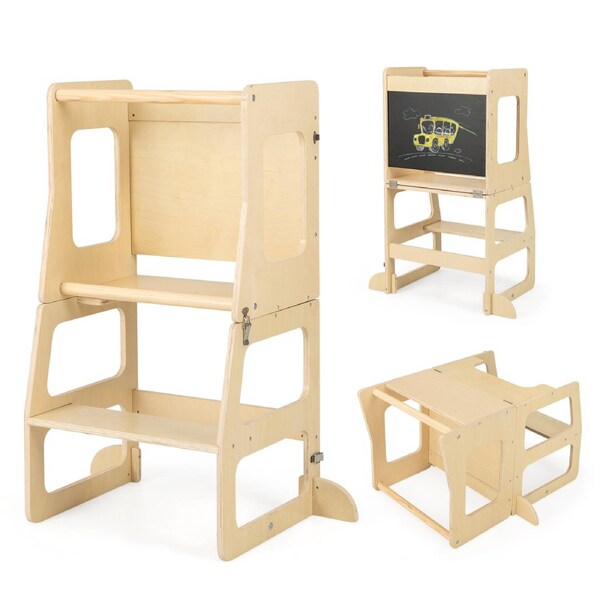 Costway 3 in 1 Foldable Kitchen Standing Tower Convertible Step Stool Table w/Chalkboard Kitchen Bathroom