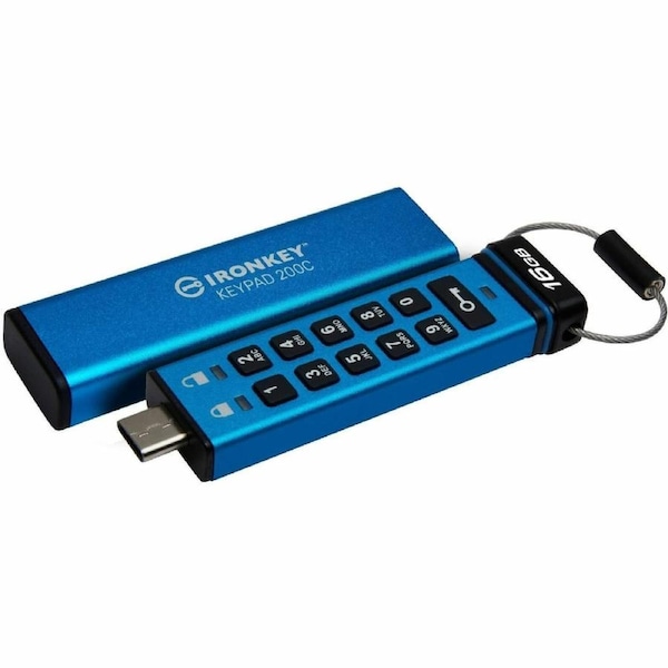 IronKey Keypad 200 16 GB USB 3.2 (Gen 1) Type C Flash Drive - Blue - 256-bit AES, XTS-AES - 145 MB/s Read Speed - 115 MB/s Write Speed - 1.0 Each