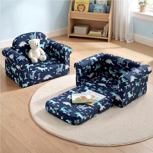 1 Seater Keezi Kids Sofa Children Flip Open Couch Lounger Armchair Dinosaur Navy