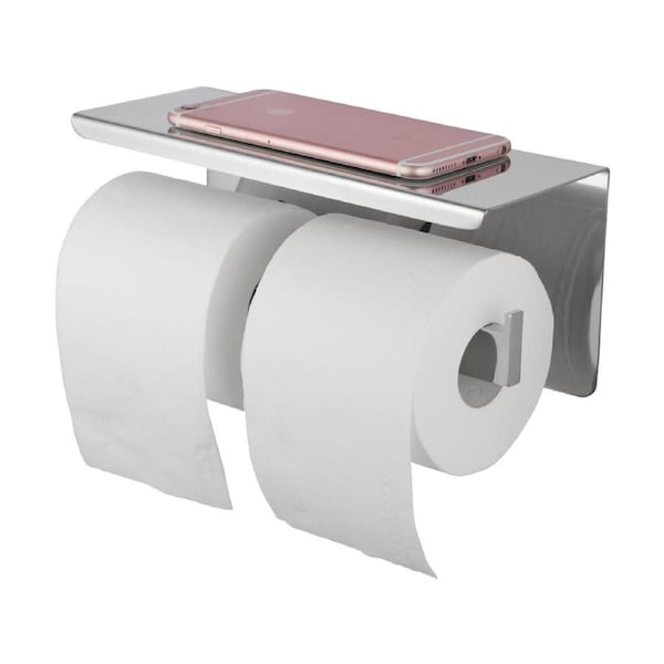 Chrome Wall Double Toilet Paper Roll Holder Hook Cover Shelf Thickened Stainless Steel
