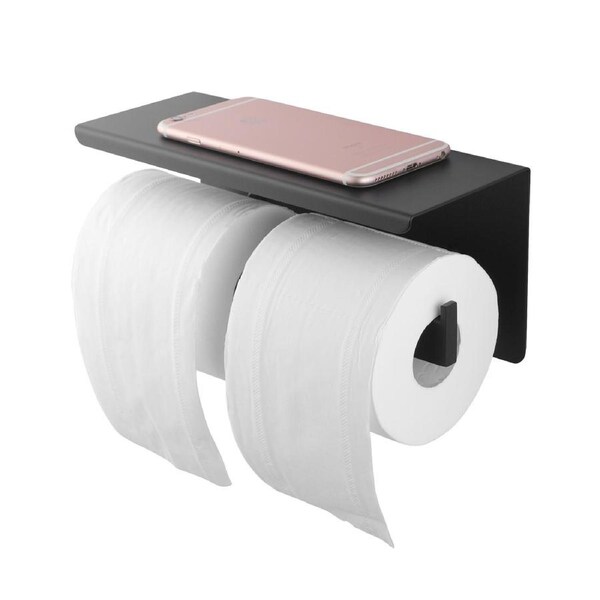 Black Wall Double Toilet Paper Roll Holder Hook Cover Shelf Thickened Stainless Steel