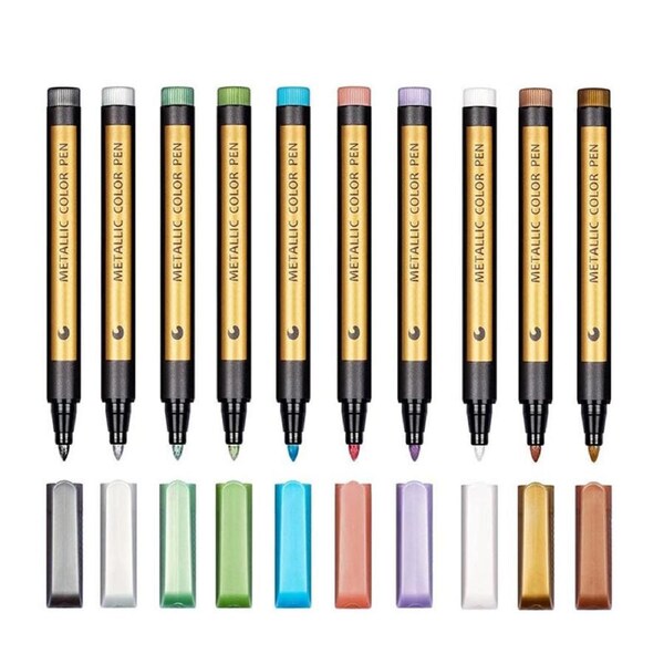 Catzon Metallic Marker Pens Set of 10 Medium Point Markers for Rock Painting Black Paper Card Making