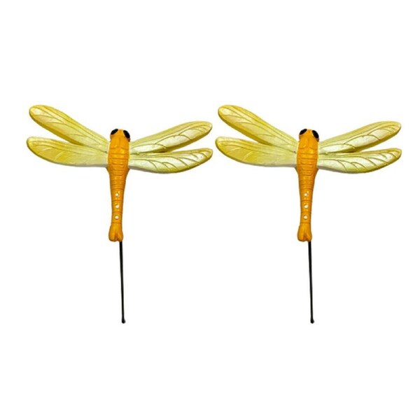 2x Northcote Pottery Decorative Pot Plant Garden Stake Dragonfly Yellow Decor