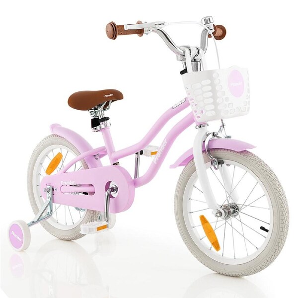Costway 40cm Bike Bicycle Ride-on w/Training Wheels& Basket & Adjustable Handlebar Seat Girls Beginner Purple