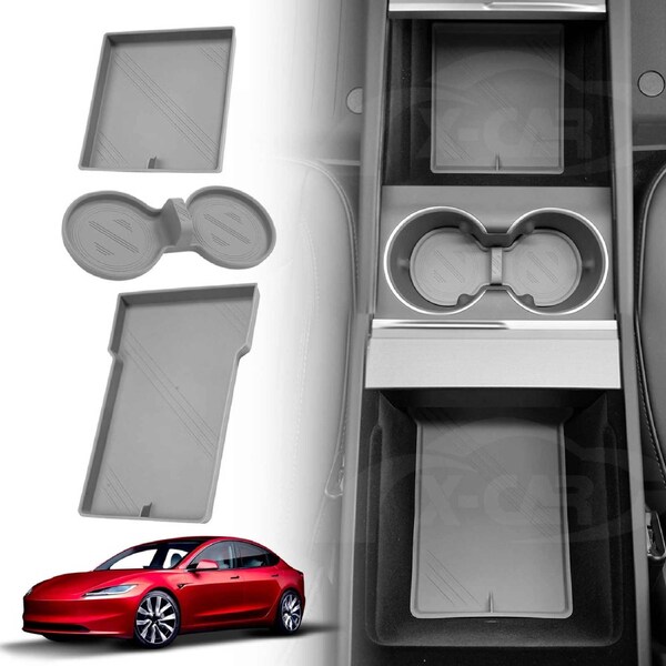 Grey Soft Silicone Organizer Pad Set for Tesla Model 3 Highland 2023-Onwards Center Console Armrest Storage Cup Holder Coaster Non-Slip Mat