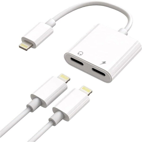 2 in 1 Lightning to Dula Lightning AUX Audio + Charger Splitter Dongle Adapter Compatible with iPhone - White