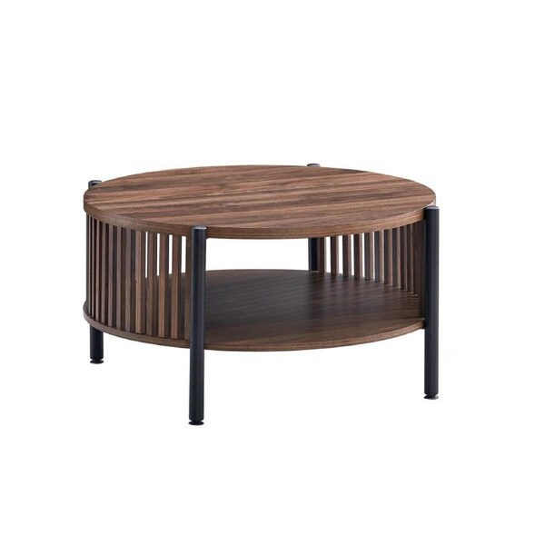 Design Square Ailana Wooden Round Open Shelf Coffee Table 80cm Slat Walnut