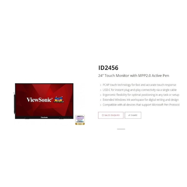 ViewSonic 24' ID2465 Touch Monitor with MPP 2.0 Active Pen 10 Point Touch