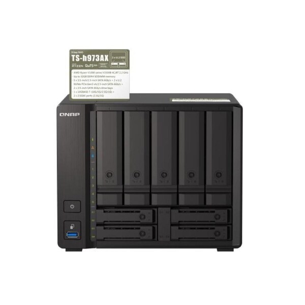 Qnap TS-h973AX 9-Bay NAS AMD Ryzen Embedded V1500B quad-core eight threads 2.2 GHz processor 32G Hot-swappable 2 x2.5GbE 1x10GBASE-T 4xUSB3.2 3YR WTY