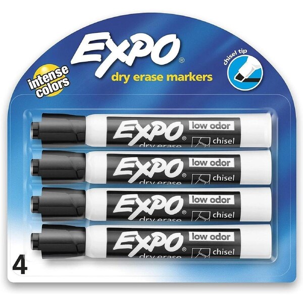 EXPO Low Odour Dry Erase Markers Chisel Tip Black 4 Pack