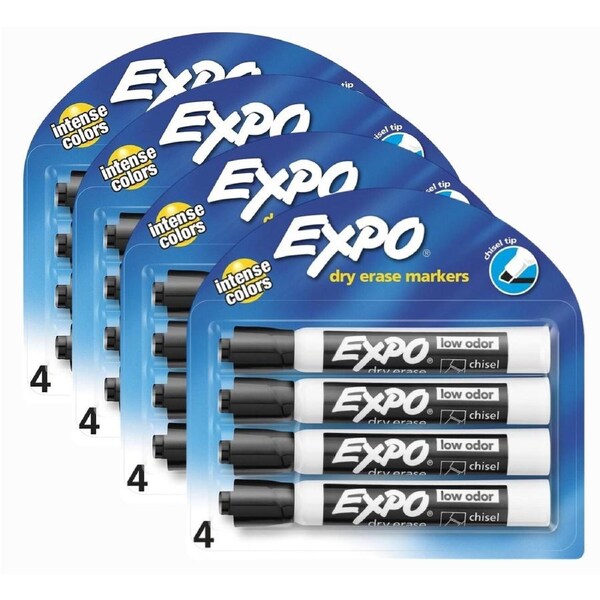 4 X EXPO Low Odour Dry Erase Markers Chisel Tip Black 4 Pack - 16 Markers Total