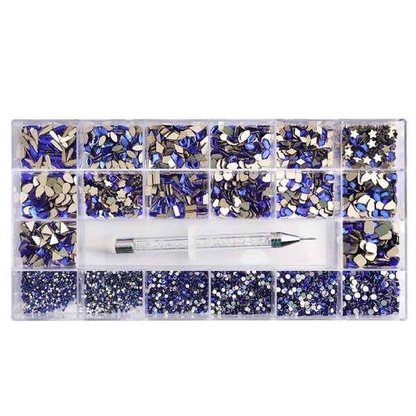 Rhinestone Diamond Glass Blue Sapphire AB Mixed Multi Shape Kit Box