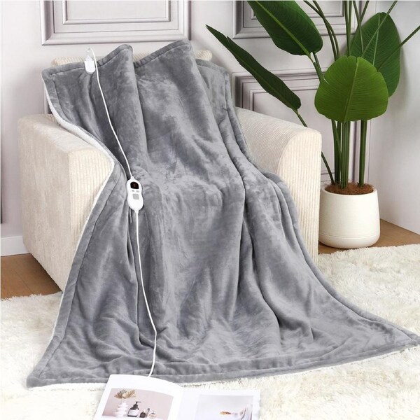 Advwin Electric Heated Throw Blanket w/LED Display/ 6 Heat Levels/ 9 Timer Washable Grey