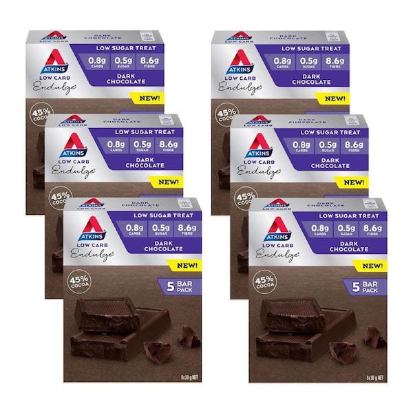 6x 5pc Atkins 30g Endulge Low Carb/Low Sugar 45% Dark Chocolate Snack Bar