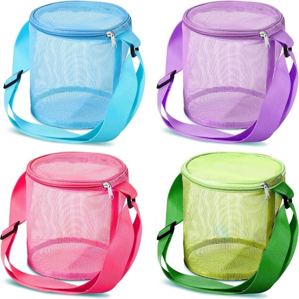 4Pcs Beach Mesh Organizer Bag Shell Collecting Bag Cylindrical Bags With Zipper