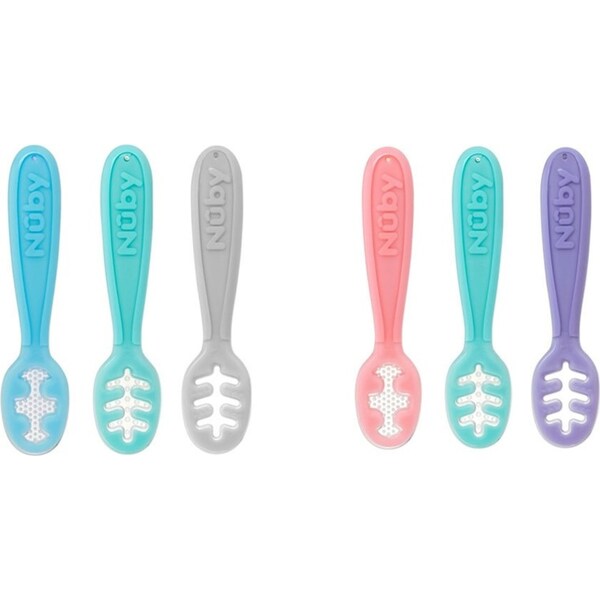 6pc Nuby 3 Stage Easy Grip Baby Self-Feeding Dipper Food Spoons 6m+ Assorted