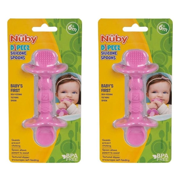 2x Nuby Dipeez Self-Feeding Teething Baby Silicone Spoon & Dipper 6m+ Assorted