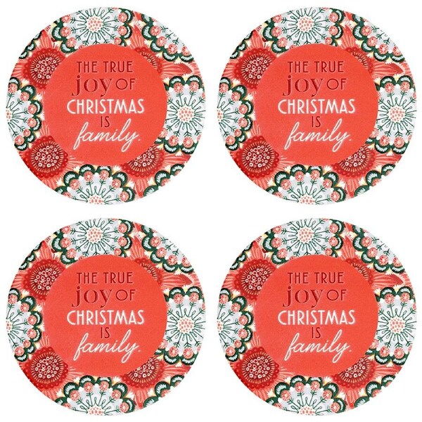 4x Splosh Christmas Family Ceramic/Cork Coaster Mat/Pad Round 10.5cm Red/GRN
