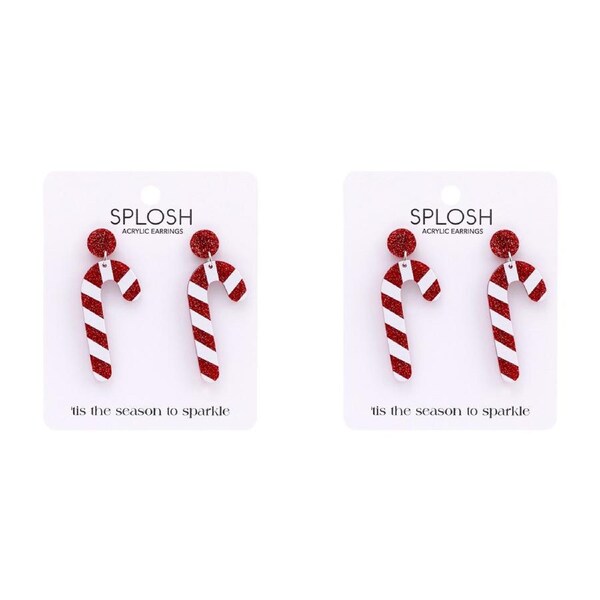 2x Splosh Christmas Candy Cane Drop Earrings S/S Fashion Women's Jewellery 6.5cm