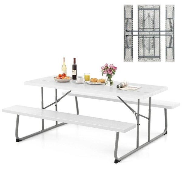 Costway Folding Picnic Table Bench Set 8-Person Outdoor Dining Table All-weather Camping Table Set White