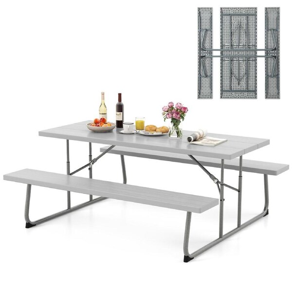 Costway Folding Picnic Table Bench Set 8-Person Outdoor Dining Table All-weather Camping Table Set Grey