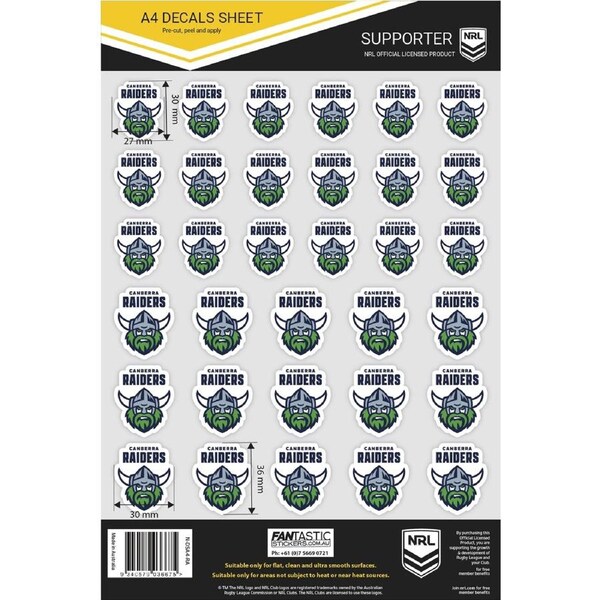 Canberra Raiders NRL A4 Decal Sticker Sheet