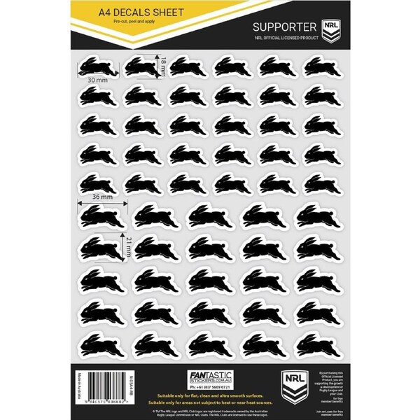 South Sydney Rabbitohs NRL A4 Decal Sticker Sheet