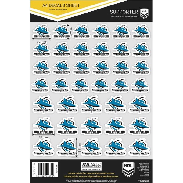 Cronulla Sharks NRL A4 Decal Sticker Sheet