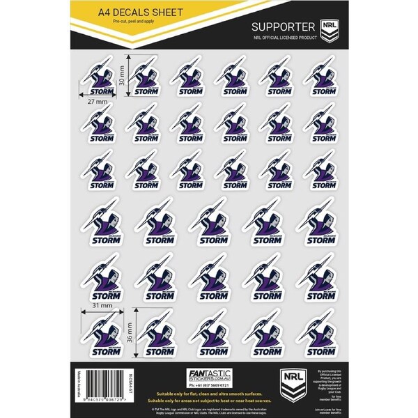Melbourne Storm NRL A4 Decal Sticker Sheet
