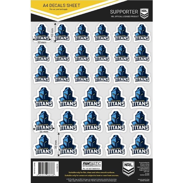 Gold Coast Titans NRL A4 Decal Sticker Sheet