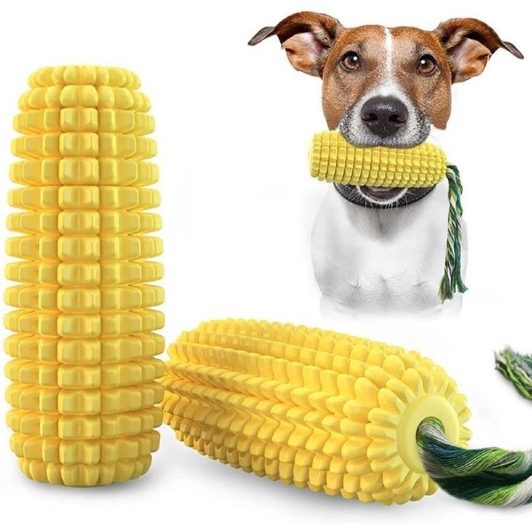 Dog Corn Toothbrush Teeth Cleaner Squeak Chew Toy with Rope in Yellow