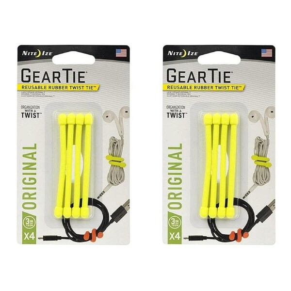 8pc Nite Ize 3in Rubber Gear Tie Reusable Wire Twist Cable Organiser Pack Yellow