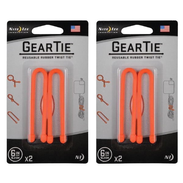 4pc Nite Ize Gear Tie 6in Reusable Rubber Twist Wire Cord Cable Organiser Orange
