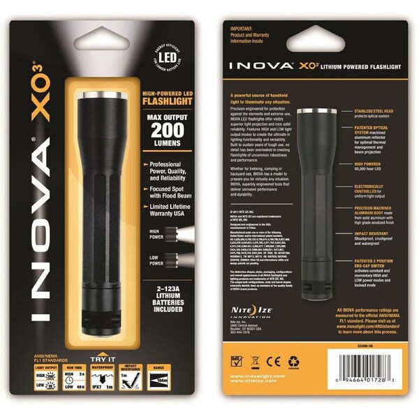 Nite Ize XO3 LED Flashlight Camping/Hiking Torch Outdoor Light Dual Mode Black
