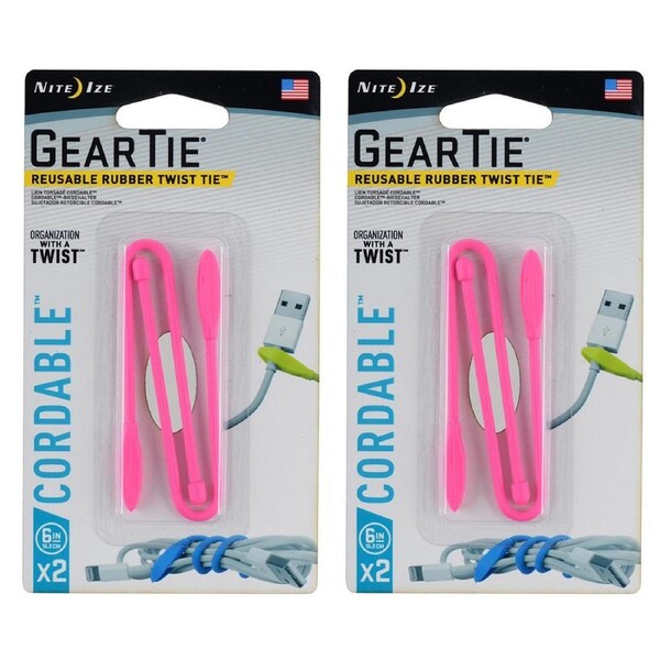 4pc Nite Ize 6in Gear Tie Cordable Rubber Twist Reusable Organiser Neon Pink