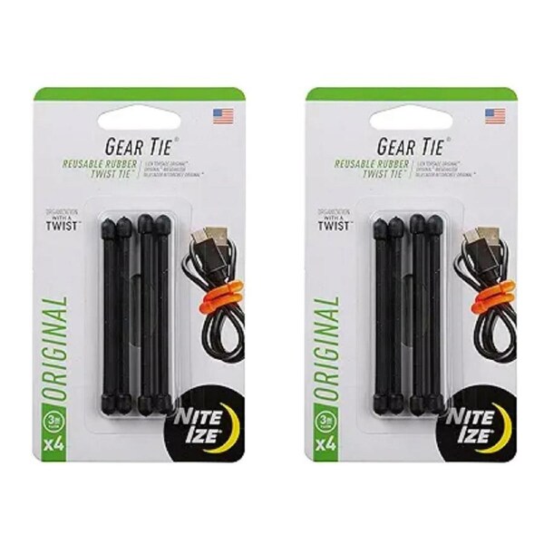 8pc Nite Ize 3in Rubber Gear Tie Reusable Wire Twist Cable Organiser Pack Black