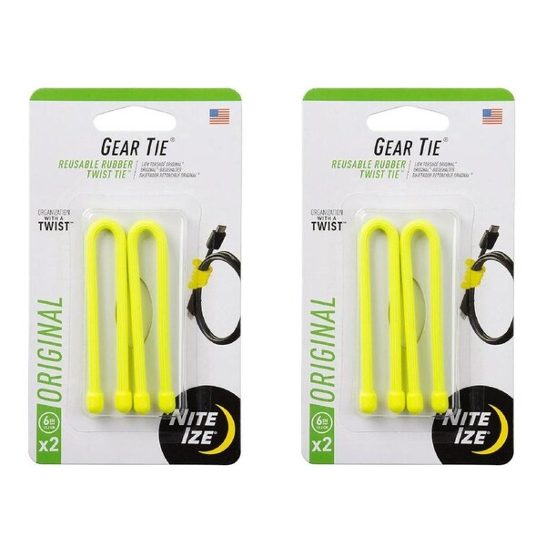 8pc Nite Ize 6in Rubber Gear Tie Reusable Wire Twist Cable Organiser Pack Yellow