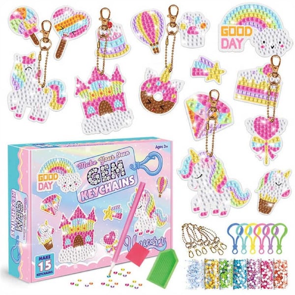 Catzon 15 Pcs Diamond Painting Keychain Kit Unicorn Craft Gift for Kids Ages 6-12