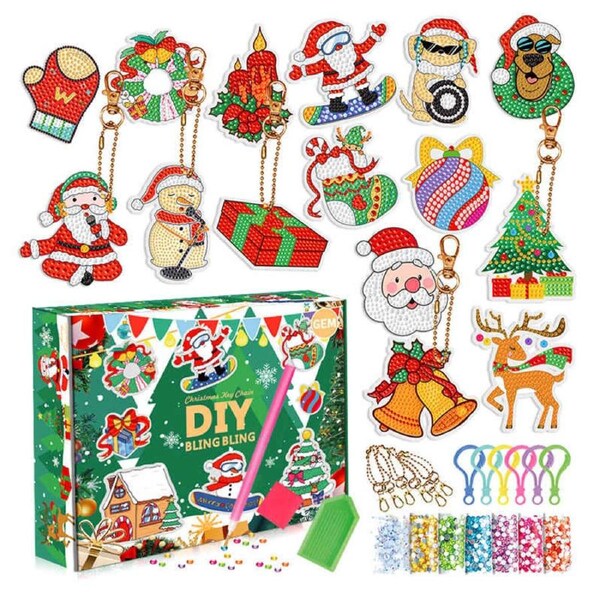 Catzon 15 Pcs Diamond Painting Christmas Key Chains Kit for Kids Ages 6-12
