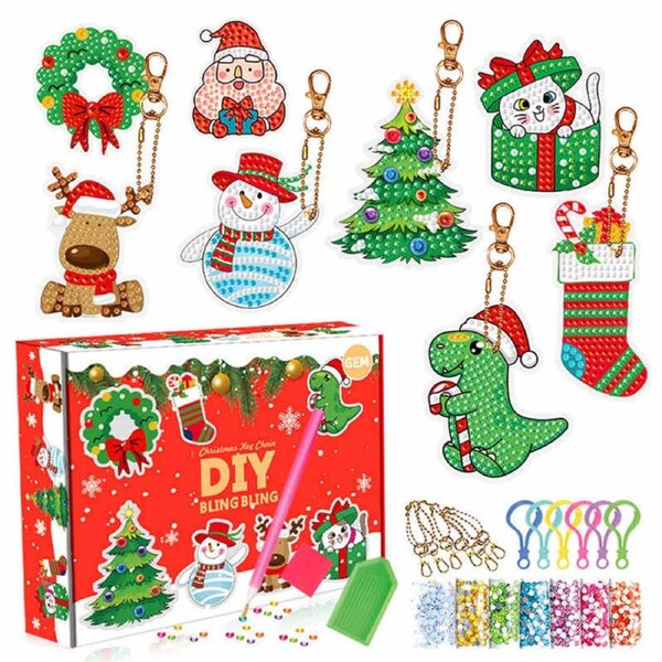 Catzon 8 Pcs Christmas DIY Diamond Painting KeyChains Kits for Kids Ages 6-12
