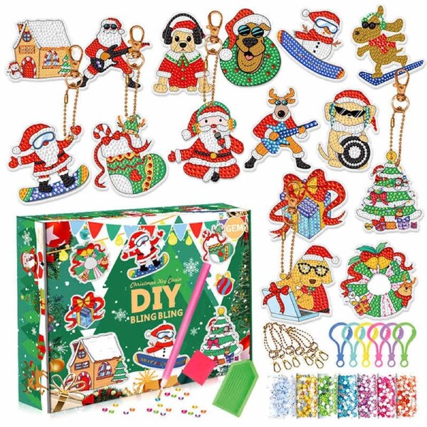 Catzon 15 Pcs Diamond Painting KeyChains Kits Christmas Decor for Kids Ages 6-12