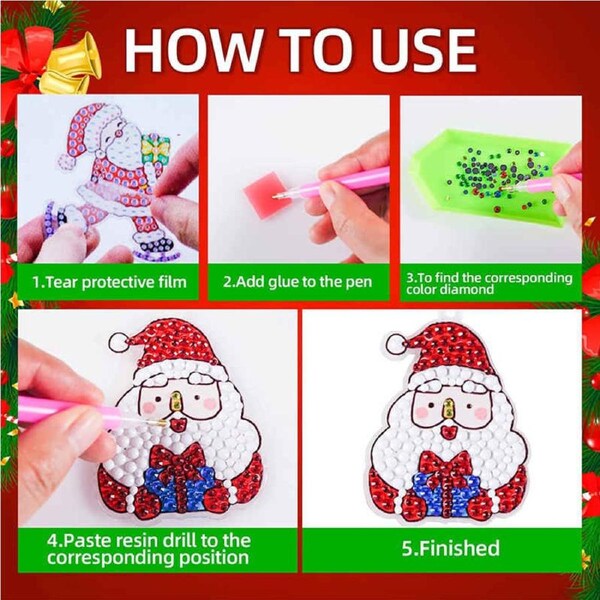 Catzon 9 Pcs 5D Diamond Painting Christmas KeyChains Kits for Kids Ages 6-12