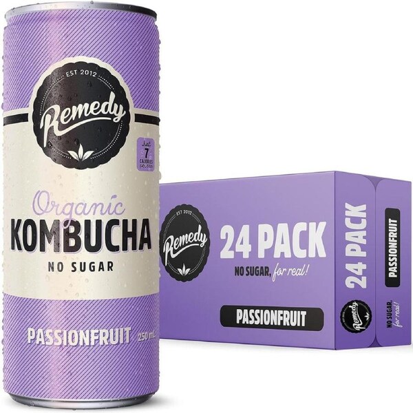 Remedy Kombucha - Organic Sparkling Live Cultured Drink - No Sugar Passionfruit - 24x250ml Can Case