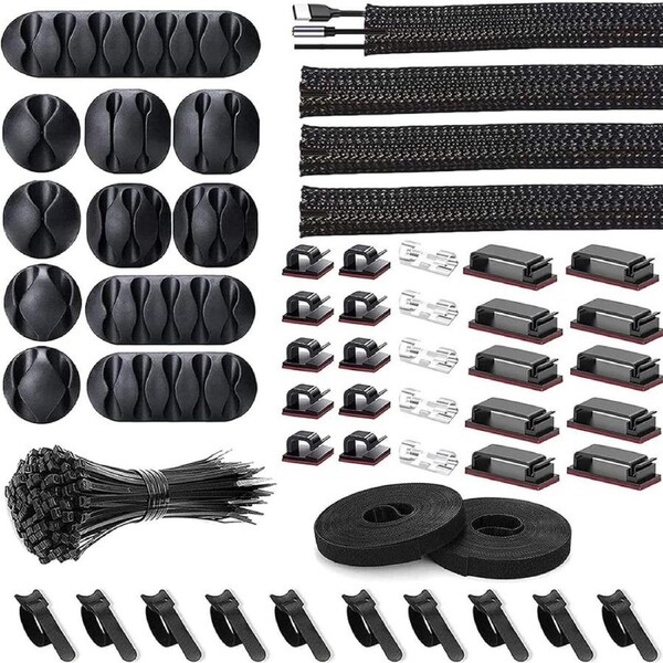 [152 Pcs] Cord Management Organizer Kit, 4 Split Cable Sleeve, 36 Self Adhesive Cable Clips Holder 10 Pcs, 2 Rolls of Self Adhesive Ties, 100 Fastening Zip Cable Ties (Black)