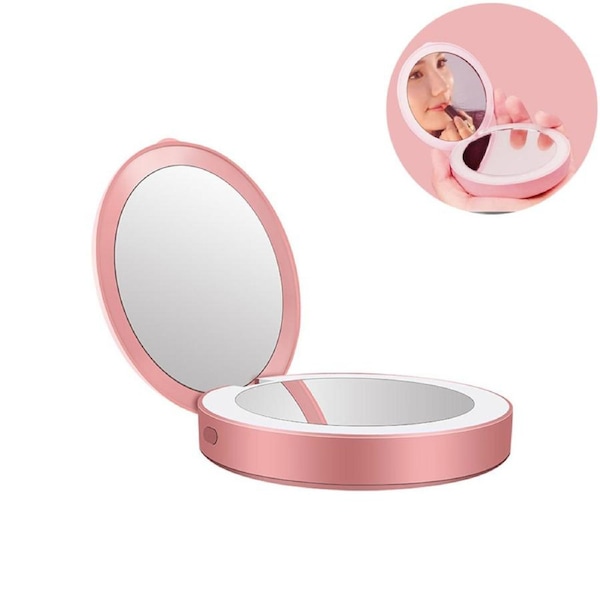 Catzon Lighted Mini Travel Makeup Mirror 1X/3X Magnification Rechargeable-Pink